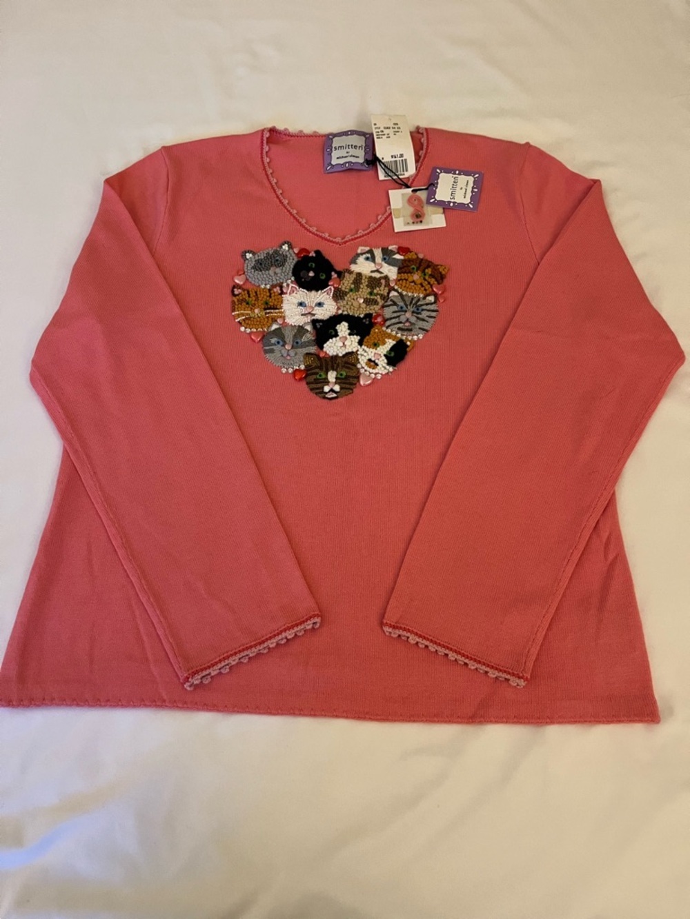Smitten by Michael Simon Coral Pink Heart of Cat Appliqué Sweater